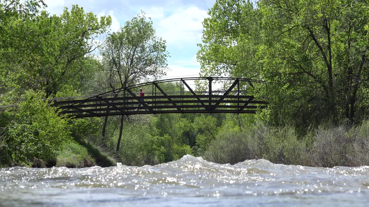 Westminster, Colorado frame with foamy water slightly higher across the foreground, the bridge centered across the shot, leafy trees behind it, and the small red-clad person still visible on the bridge.