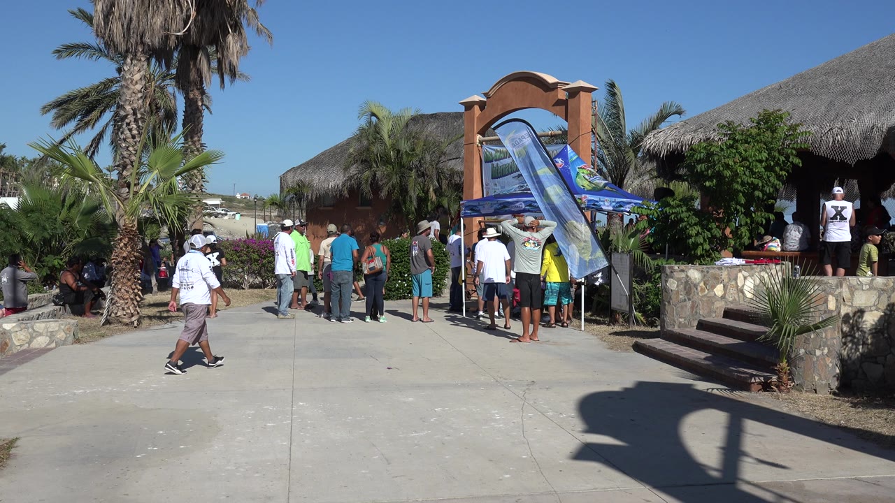 Tourists standing outside a beach bar with palms and banners.