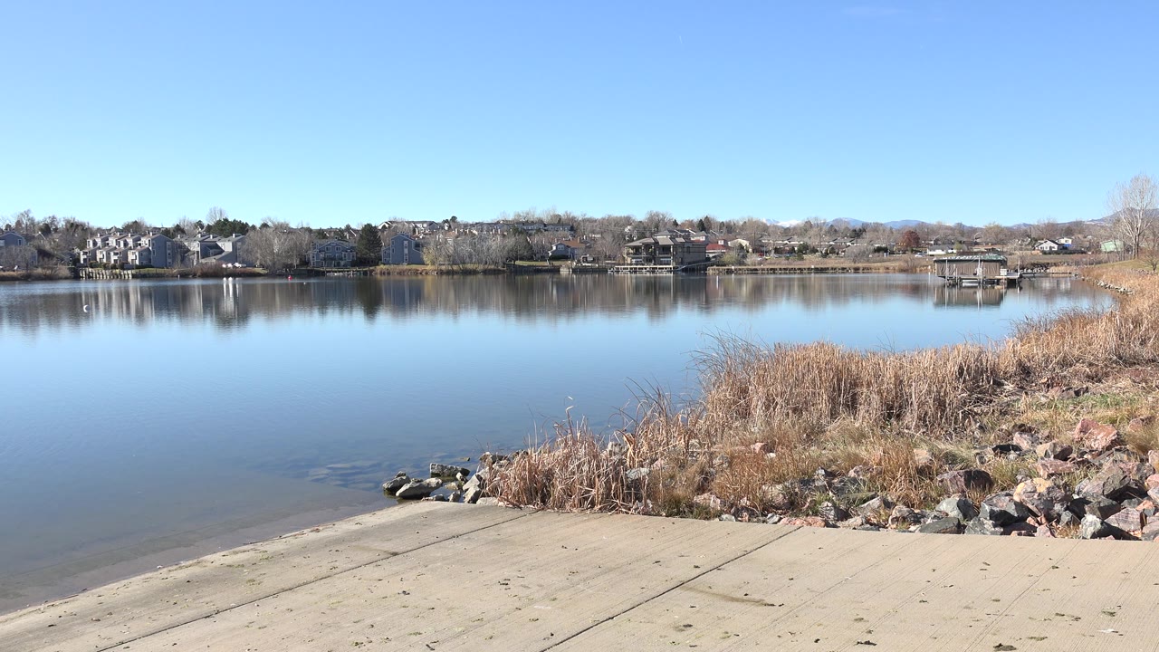 Calm blue lake with dry reeds, rocks, and distant houses