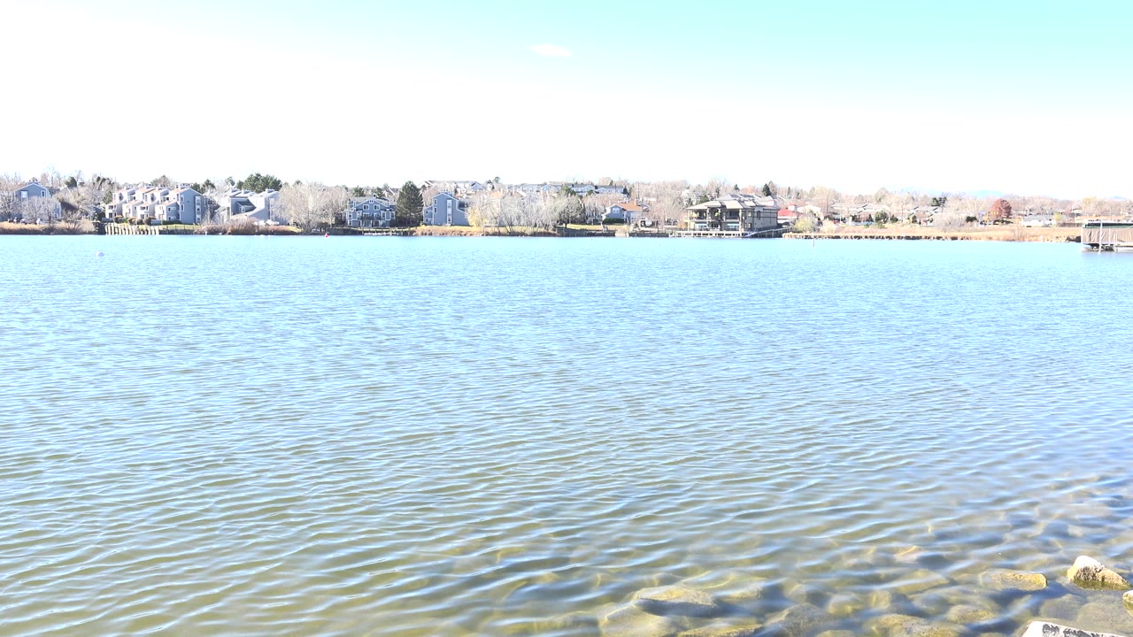Rippling lake water with distant houses and trees under a bright sky.