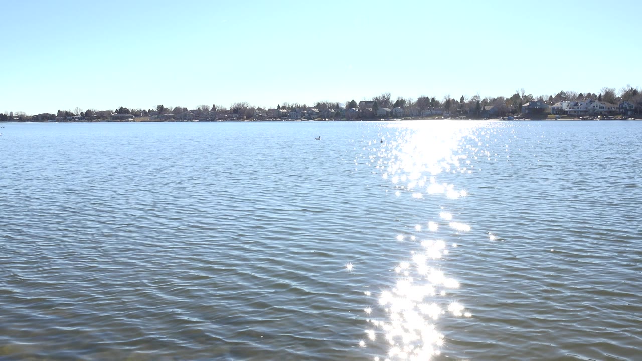 Open lake water with glare path and far shore