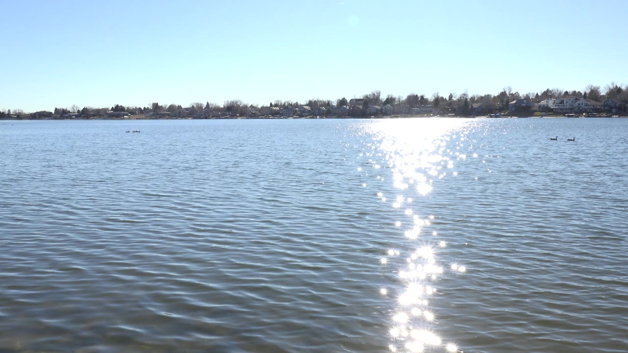 Hidden Lake, Colorado appears as an open water view with sun sparkle near the center, a thin band of distant trees and homes, small birds to the right, and no visible people.