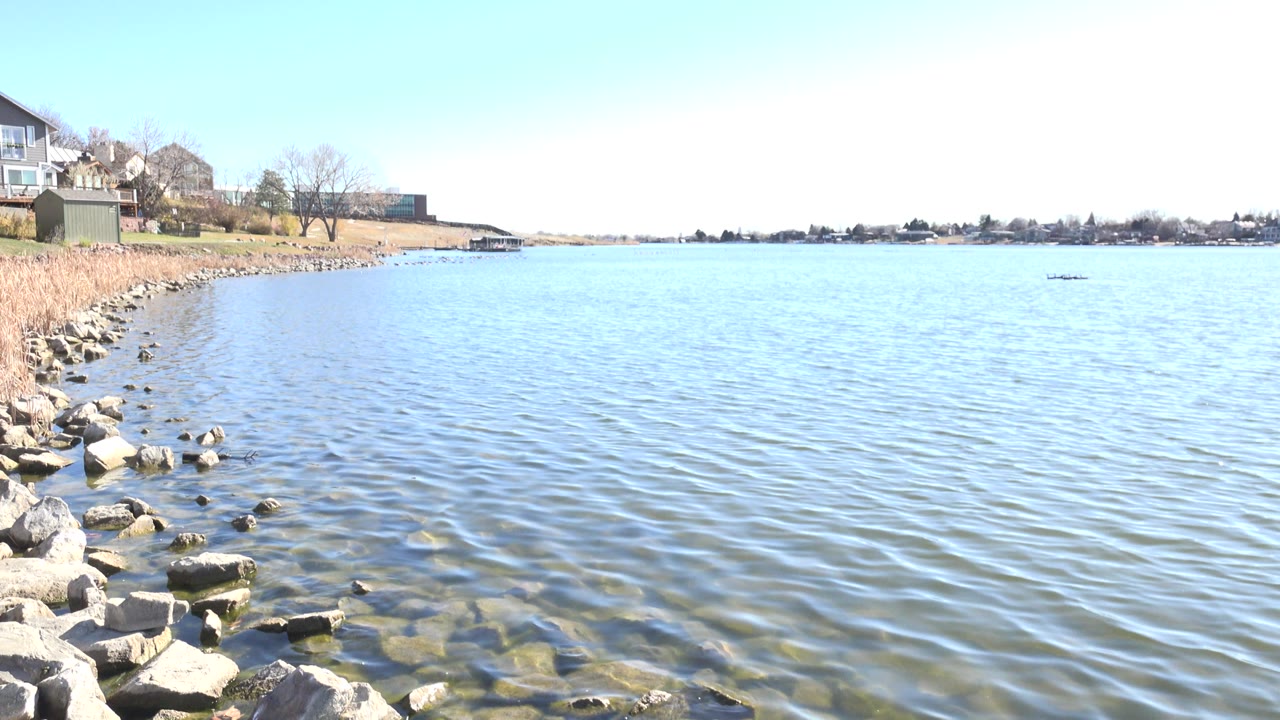 Shallow clear water over rocks near a lakeside bank