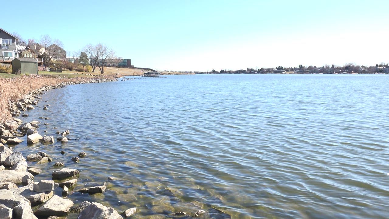 Rocky lakeshore with rippled clear water and reeds at left