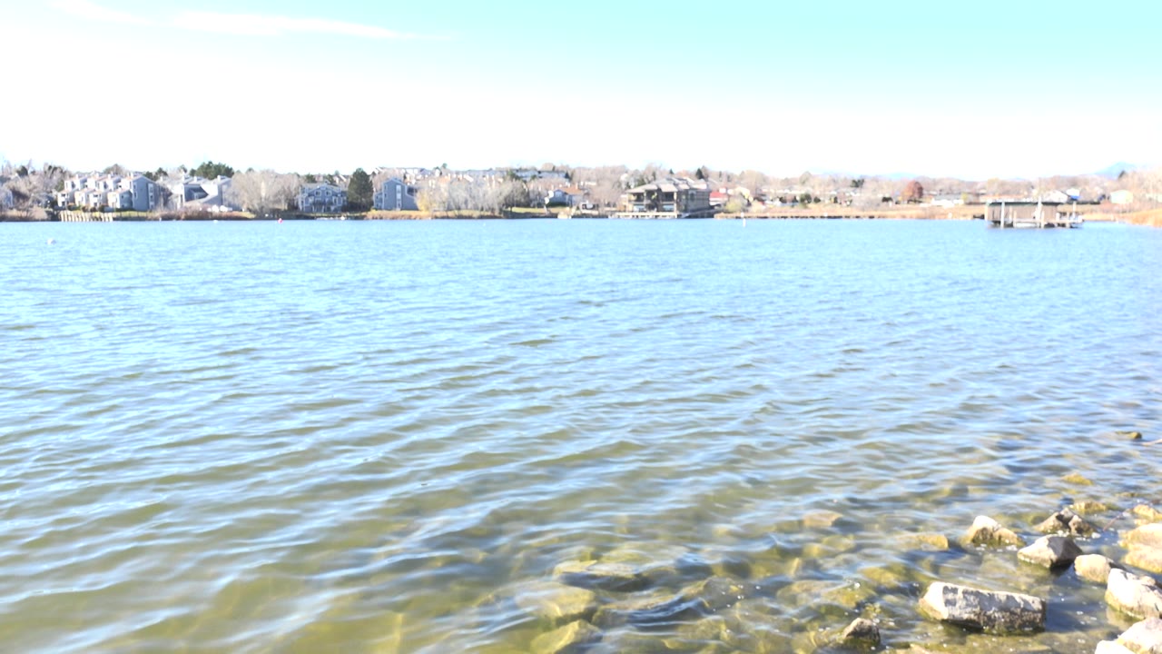 Sunlit lake water with shoreline rocks and distant houses