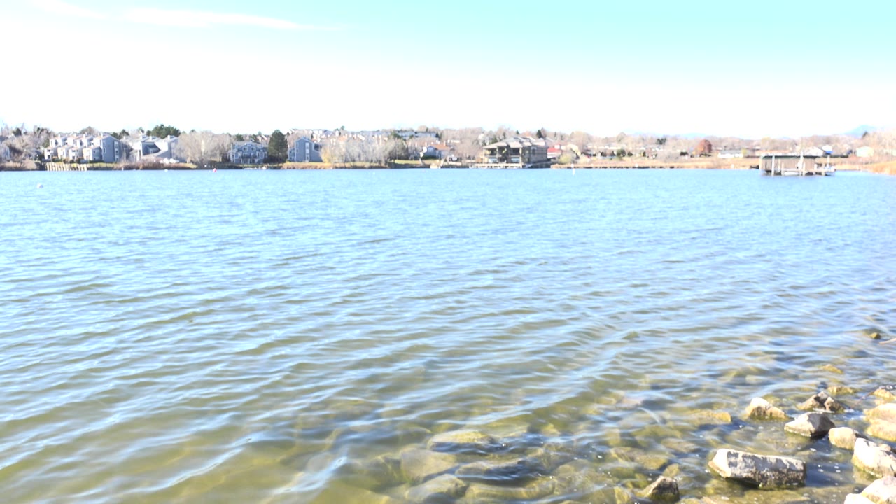 Bright lake water with shoreline rocks and distant houses.
