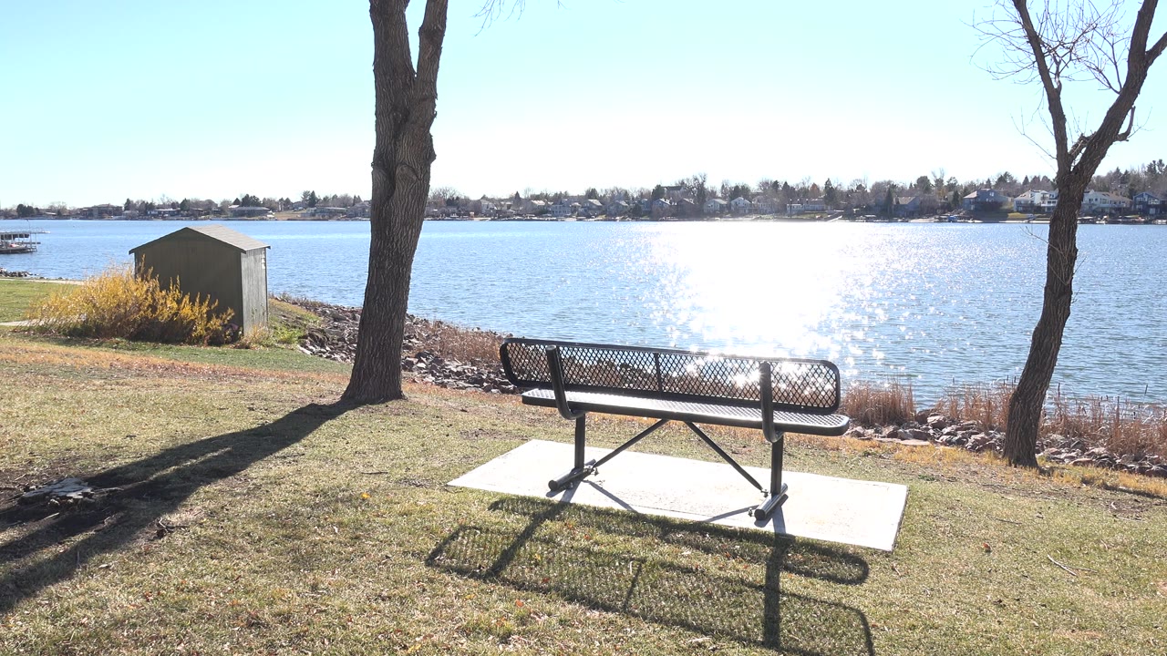 Park bench on grass facing a bright lake