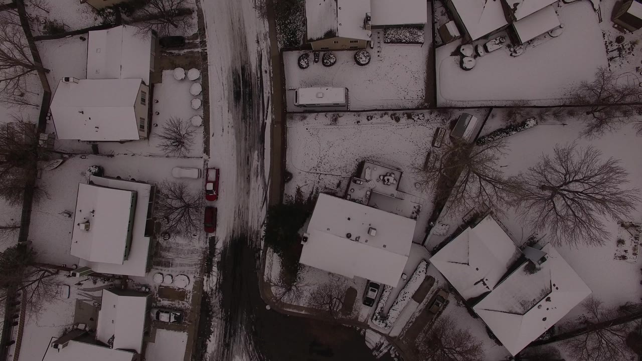 Aerial overhead frame of Jefferson County, Colorado homes with a diagonal snowy road, a large leafless tree, parked vehicles, and no visible people.