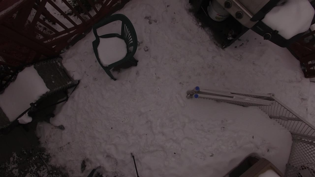High overhead frame of the Jefferson County, Colorado backyard with packed snow, a green chair near the upper edge, red fencing, and no visible people.