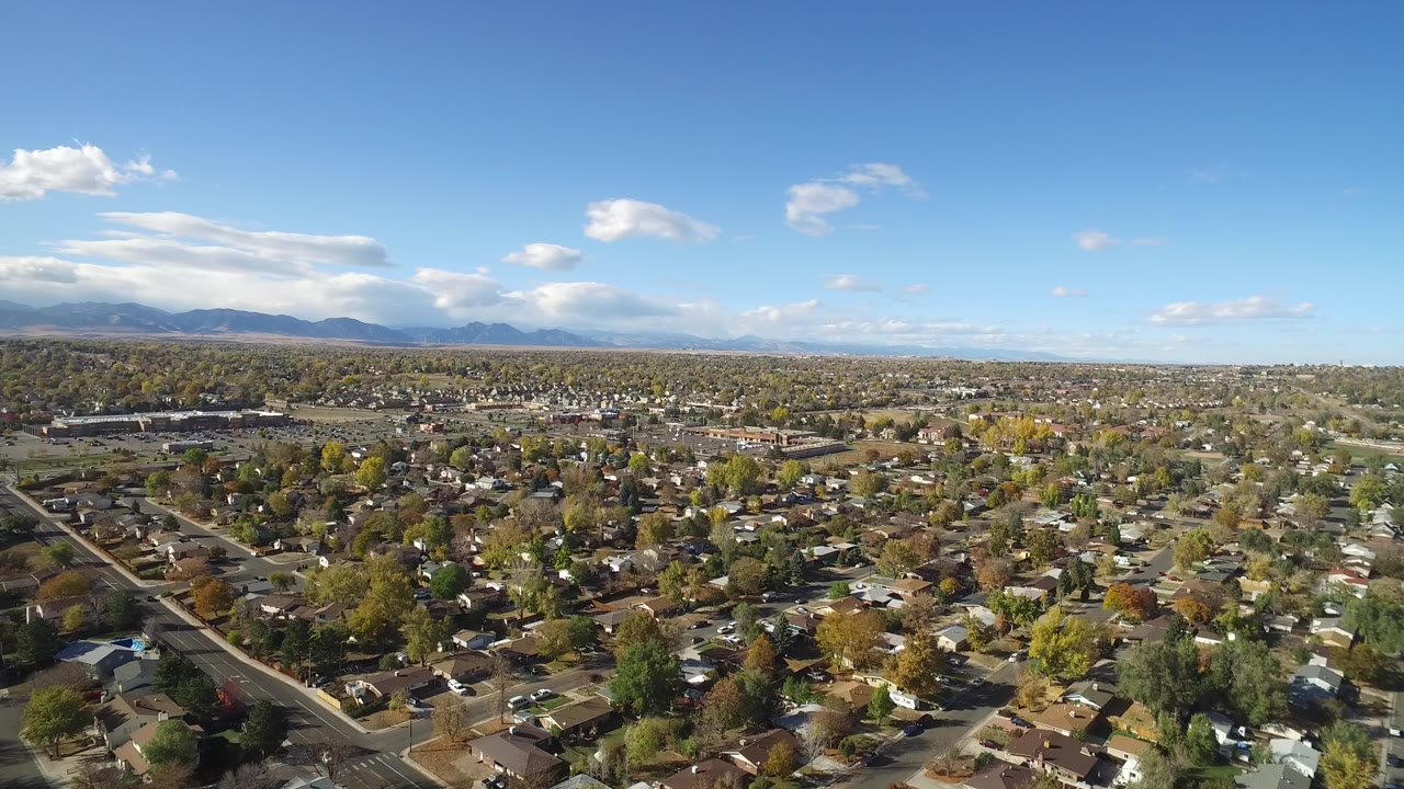 Aerial view over houses, tree-lined streets, and distant mountains under a blue sky.