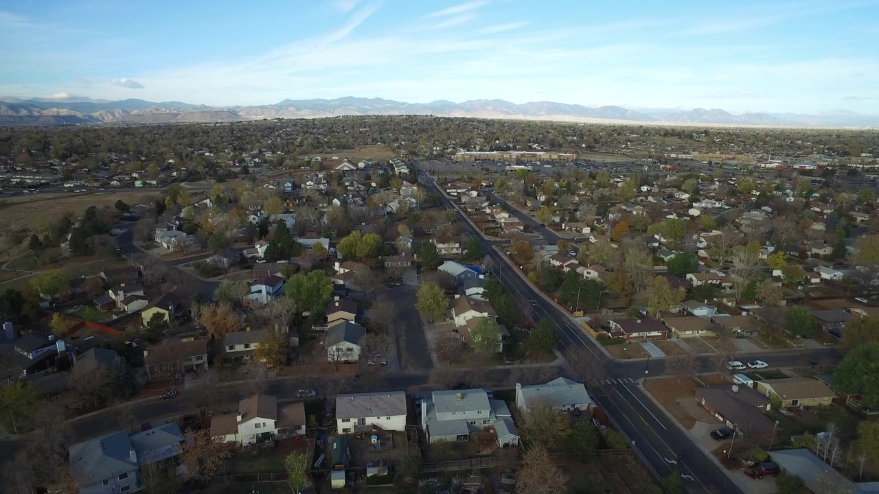 Aerial view over residential streets, homes, trees, and distant mountains.