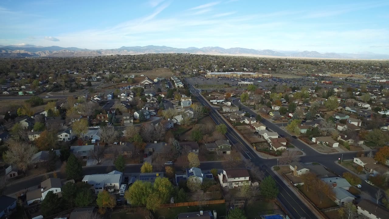 Aerial view over residential streets, homes, trees, and distant mountains.