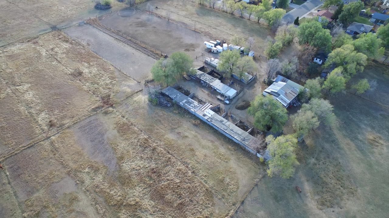 Aerial view in Hidden Lake, Colorado with tan field texture filling most of the frame, a building cluster near the right, green trees, road edge, and no visible people.
