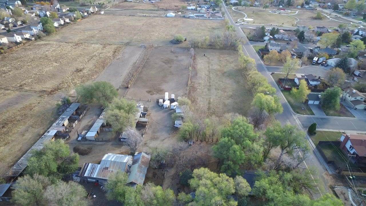 Aerial view over open lots, trees, homes, and residential roads.