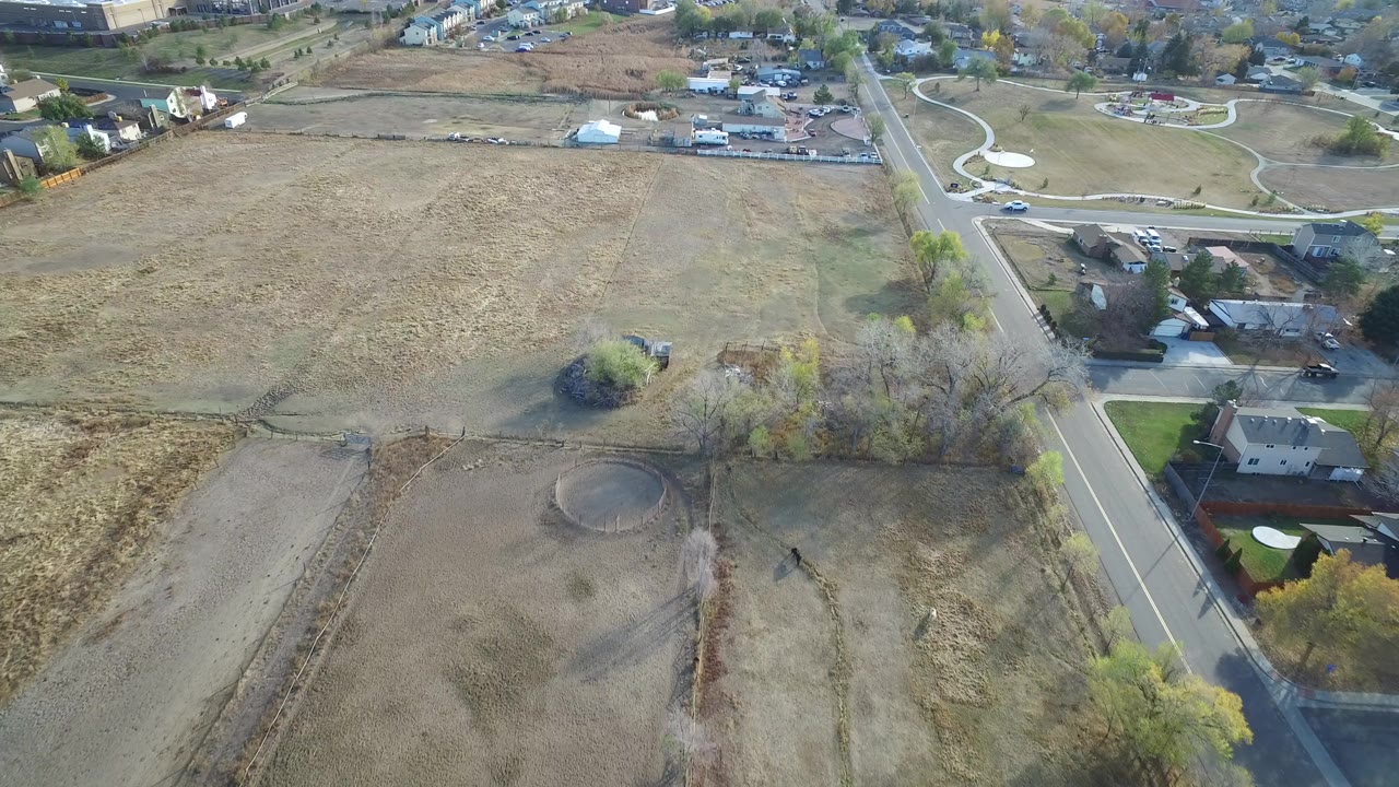 Overhead view of dry fields, road, trees, and nearby houses.