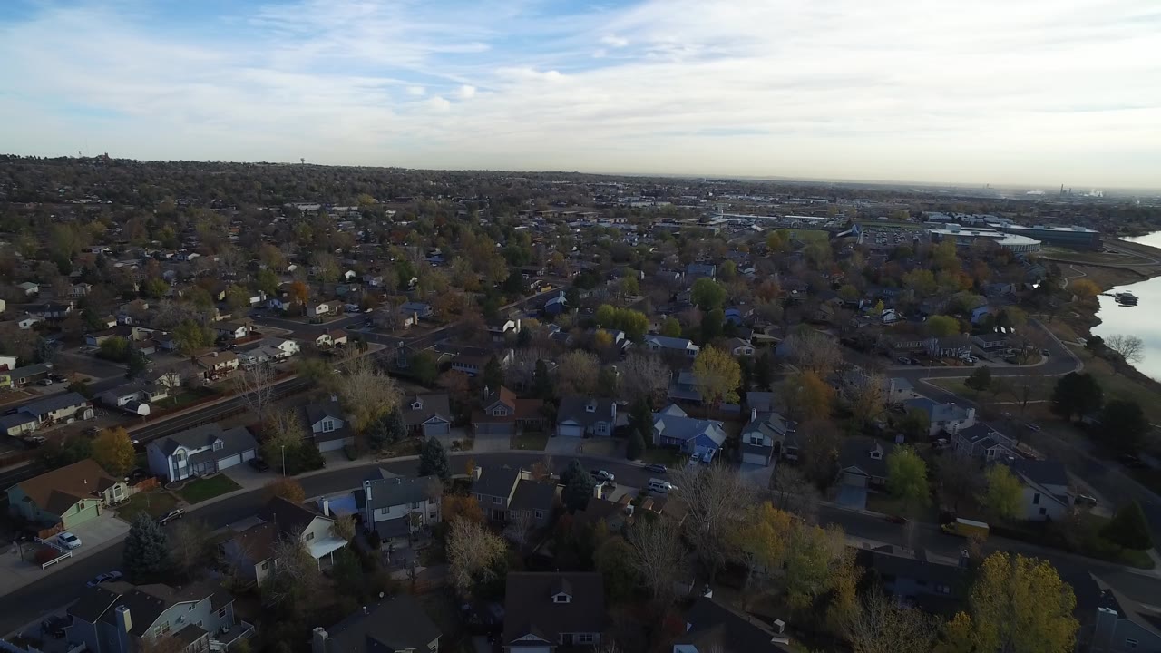 Aerial view over suburban houses, trees, streets, and distant water under a pale sky.