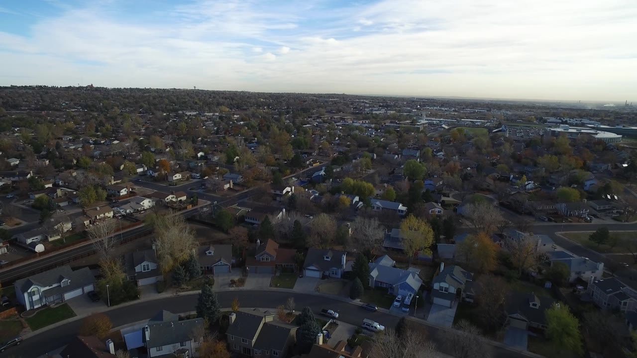 Residential neighborhood seen from above with rooftops, trees, streets, and distant skyline.