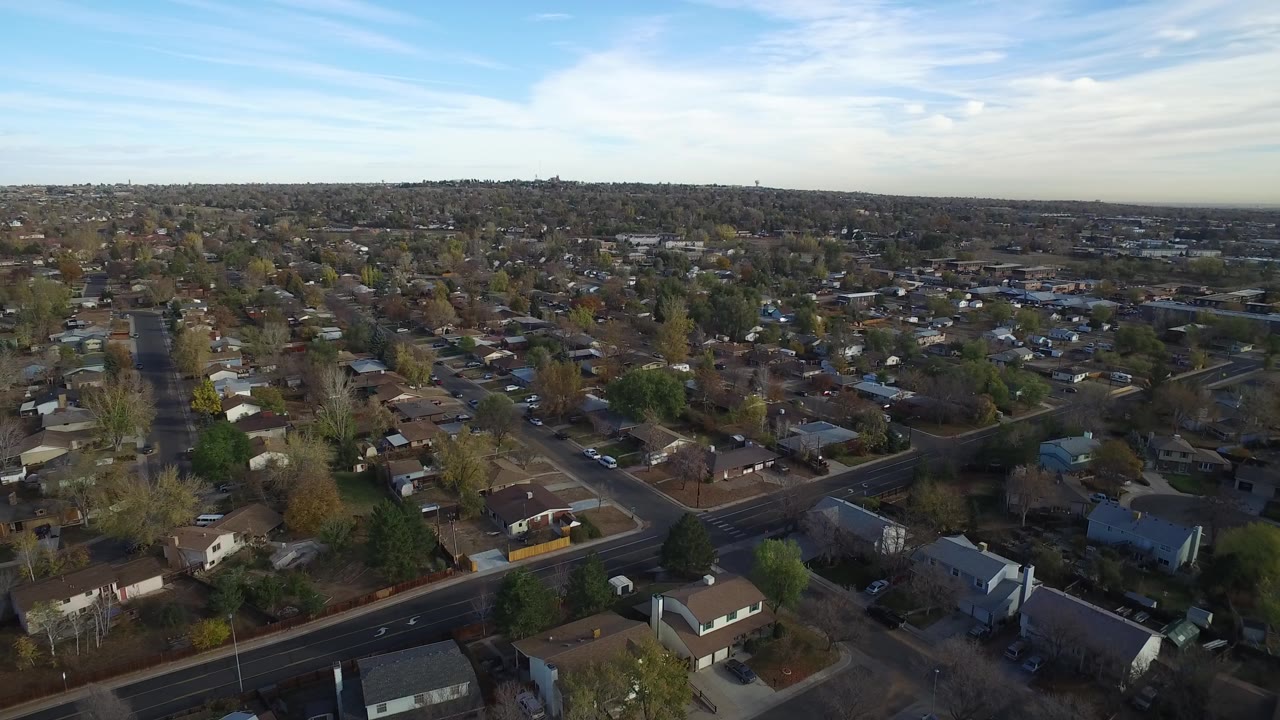 Aerial view of houses, roads, trees, and blue sky over a residential neighborhood.