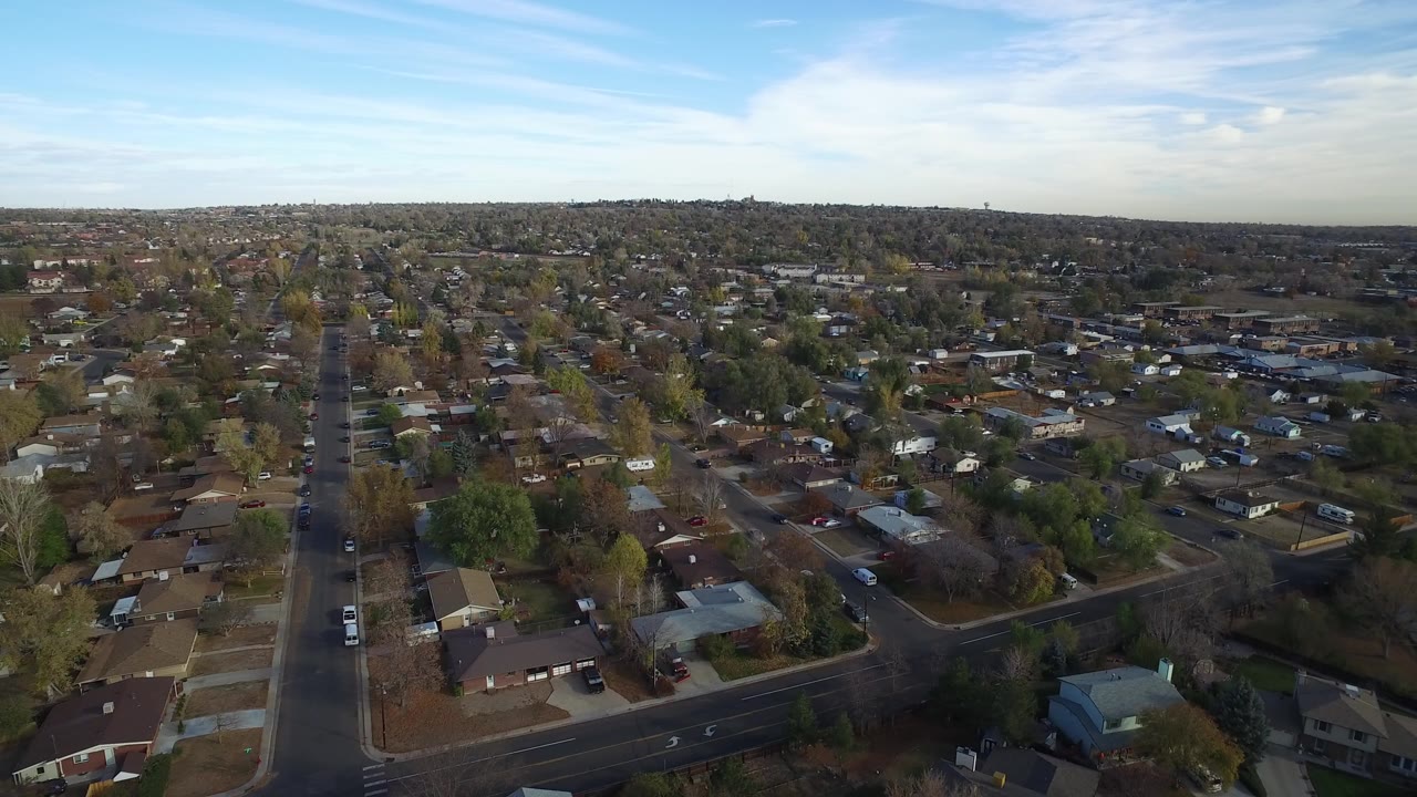 Aerial view over suburban houses and tree-lined streets under blue sky.
