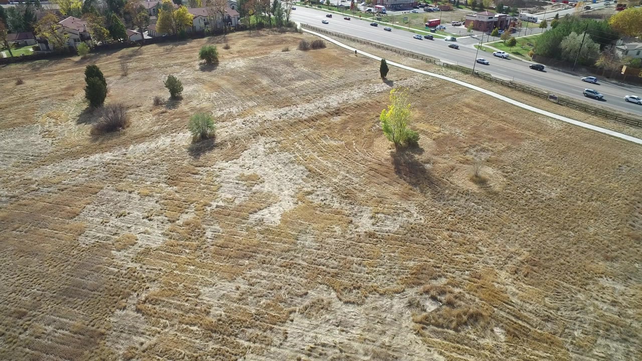 Aerial frame from Hidden Lake, Colorado with pale mowed patches across the field, a few isolated trees casting shadows, traffic on the upper road, homes behind it, and no visible people.