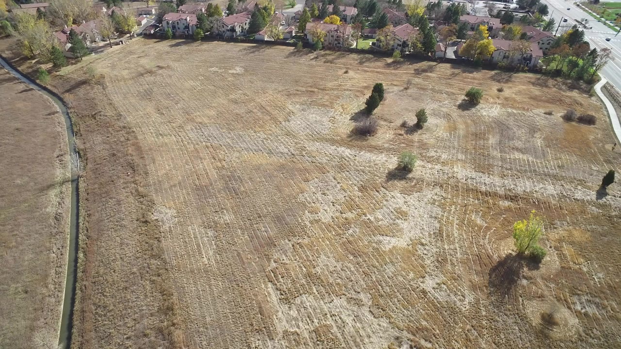 Overhead view of a dry field beside houses and a road.