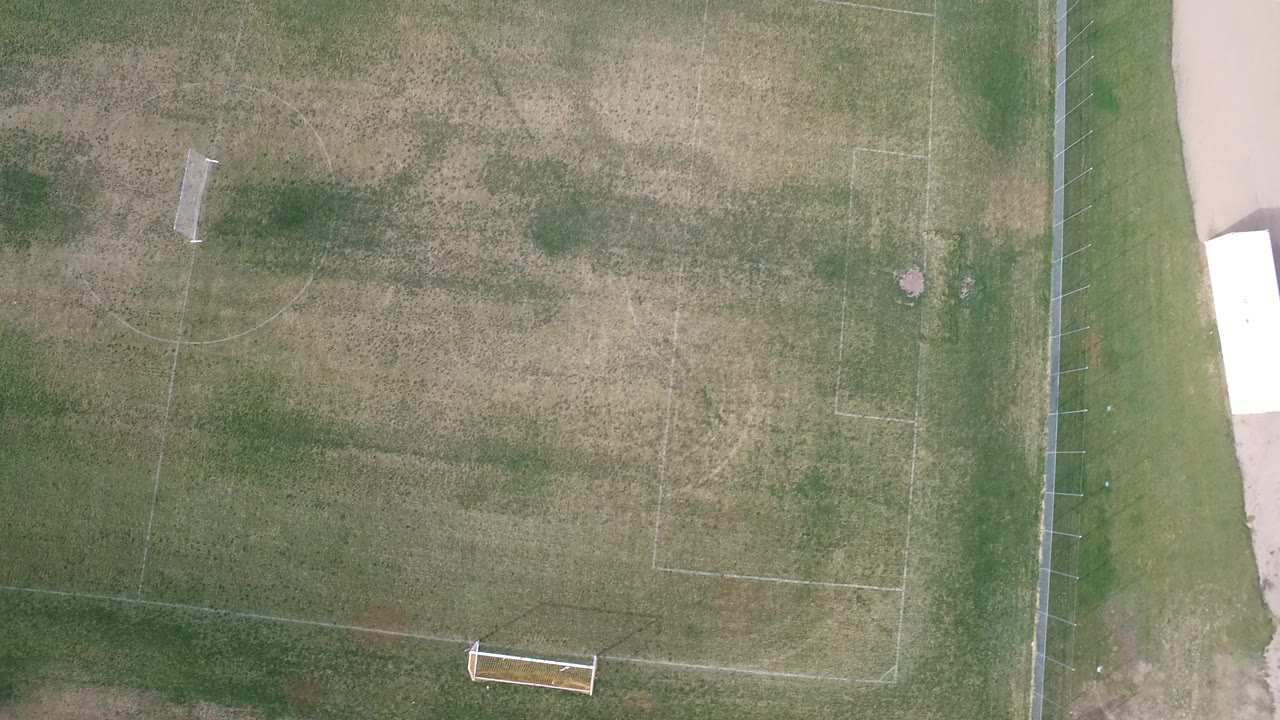 Overhead view of an empty soccer field with a goal near the lower edge.
