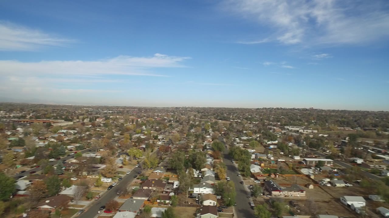 Aerial view over suburban houses and tree-lined streets under blue sky.