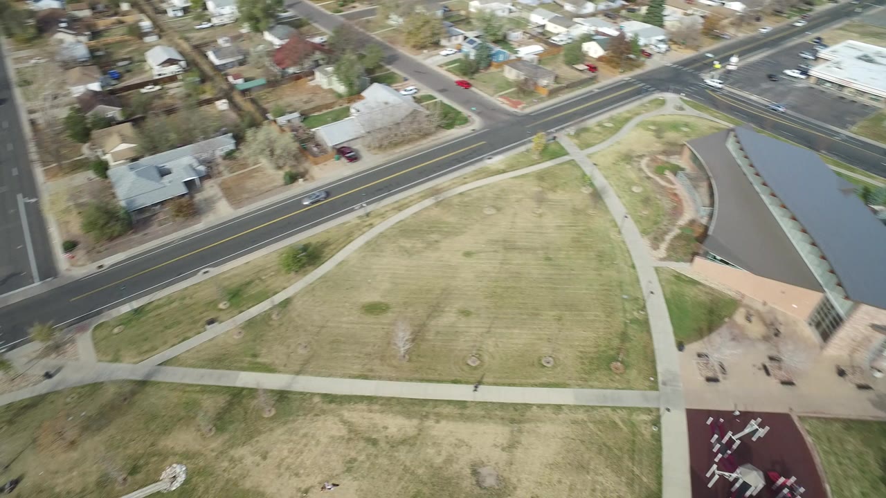 High view of a park lawn beside neighborhood streets and houses.