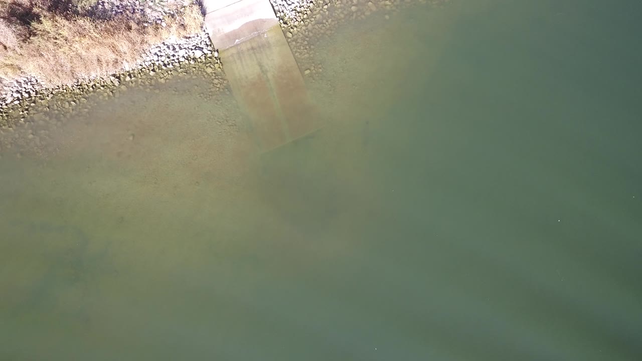 High aerial view of green water with a small shoreline ramp and rocky bank in the corner.