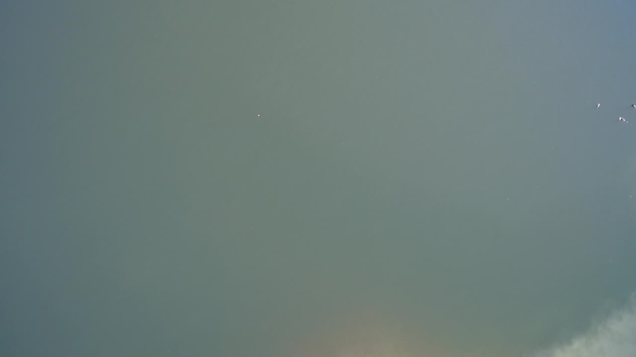 Overhead green-gray surface with small white specks and a pale snow edge at the bottom.