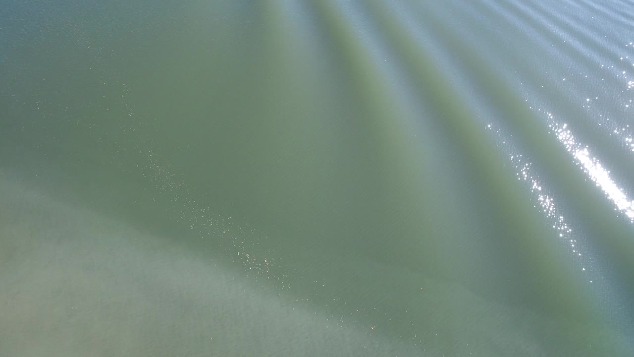 Green lake water with bright diagonal sun streaks.