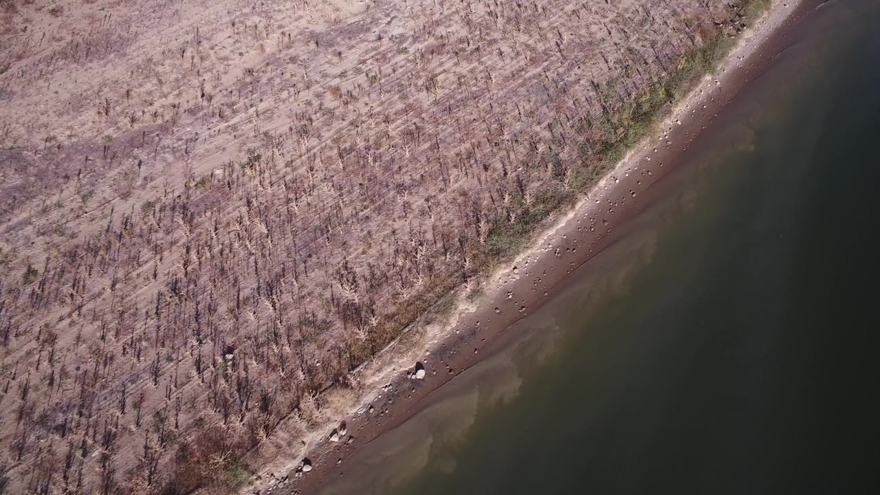 Aerial view of dry land beside dark water