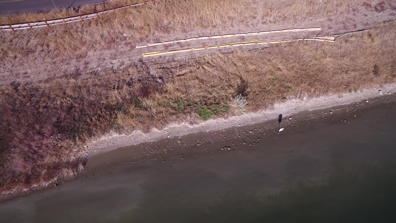 Overhead lake shoreline with dry grass and a dirt track.