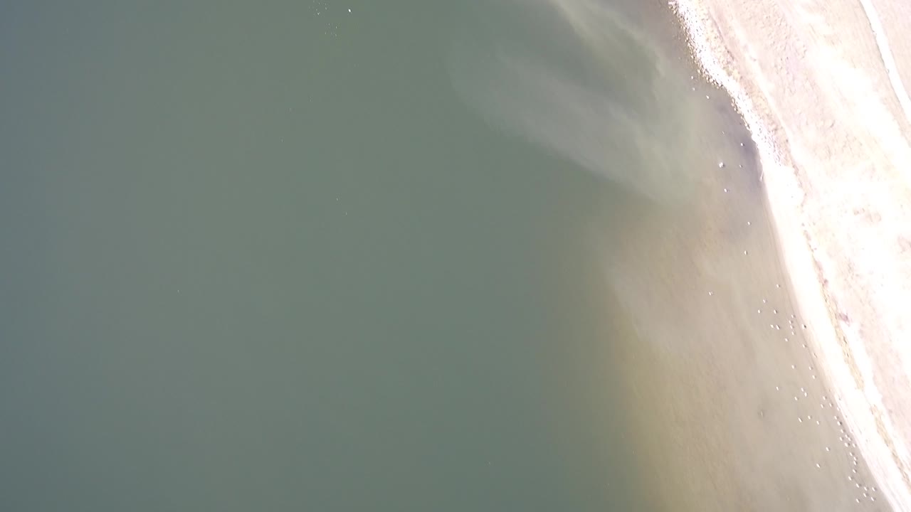 Top-down aerial frame of Hidden Lake, Colorado, with green water on the left, a bright sandy shoreline on the right, faint wave streaks, and no visible people.
