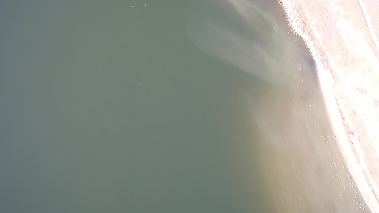 Aerial frame over Hidden Lake, Colorado, where green water fills most of the view and a pale curving shore runs down the right side with no visible people.