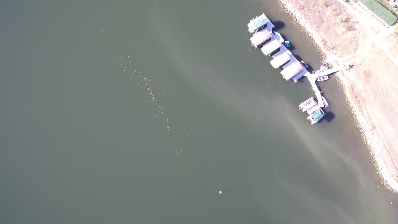 Bird's-eye frame over Hidden Lake, Colorado showing open green water, a curved sandy beach edge, dock structures near the top right, and no visible people.
