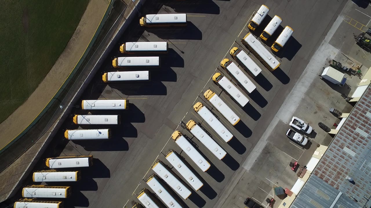 Overhead view of rows of parked white-roofed yellow vehicles on asphalt.