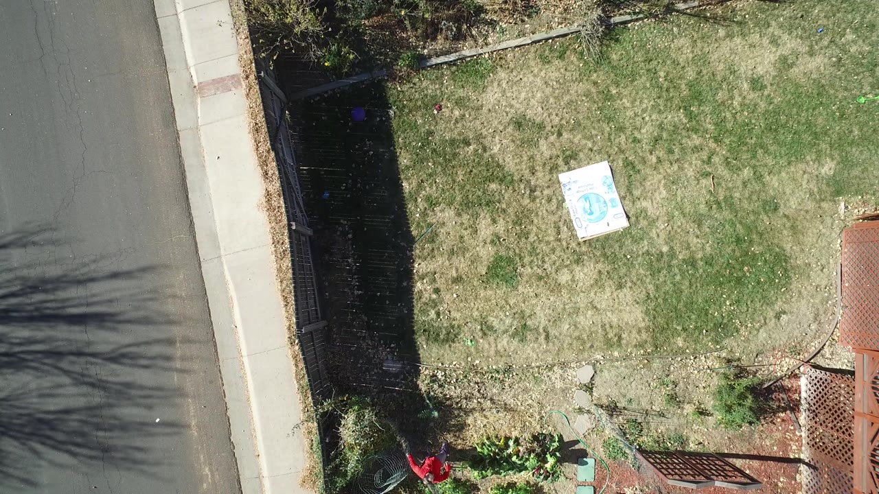 Overhead view in Westminster, Colorado showing a grass yard, paved street, sidewalk, fence shadows, garden edging, and a small white board on the lawn, with no visible people in the central yard.