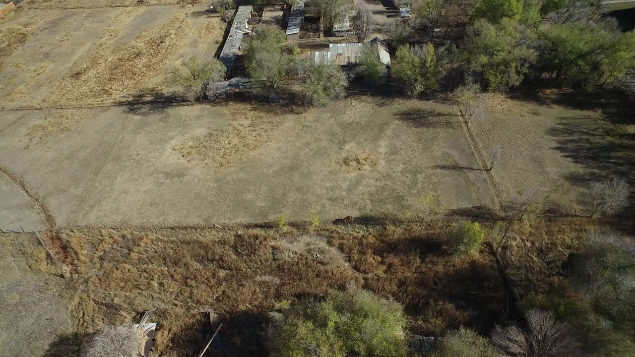 High drone frame over Hidden Lake, Colorado with a broad dry pasture in the center, green trees along the upper edge, and rural sheds or buildings partly screened by branches, with no visible people.