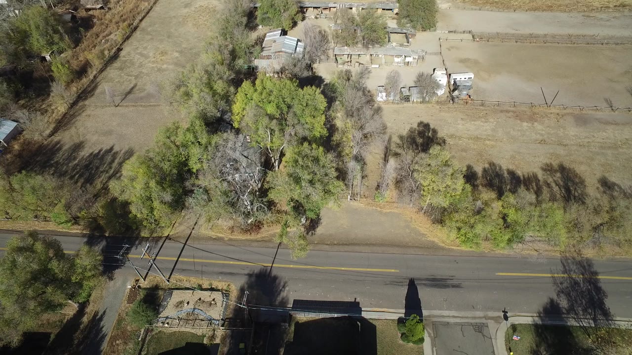 High overhead frame in Hidden Lake, Colorado with tall trees casting shadows across dry grass, a paved road below, fenced farm space above, and no visible people.
