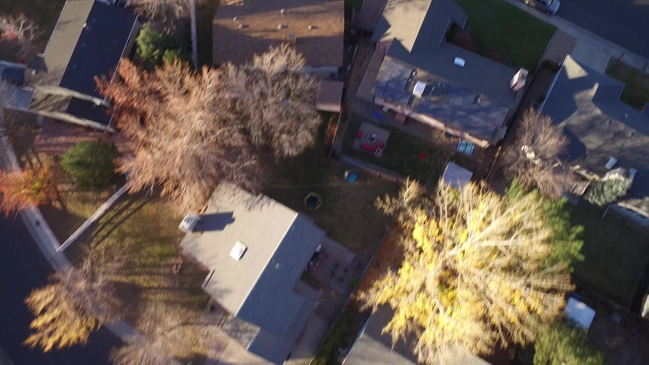 Top-down aerial view of suburban rooftops, yards, trees, and a street edge.