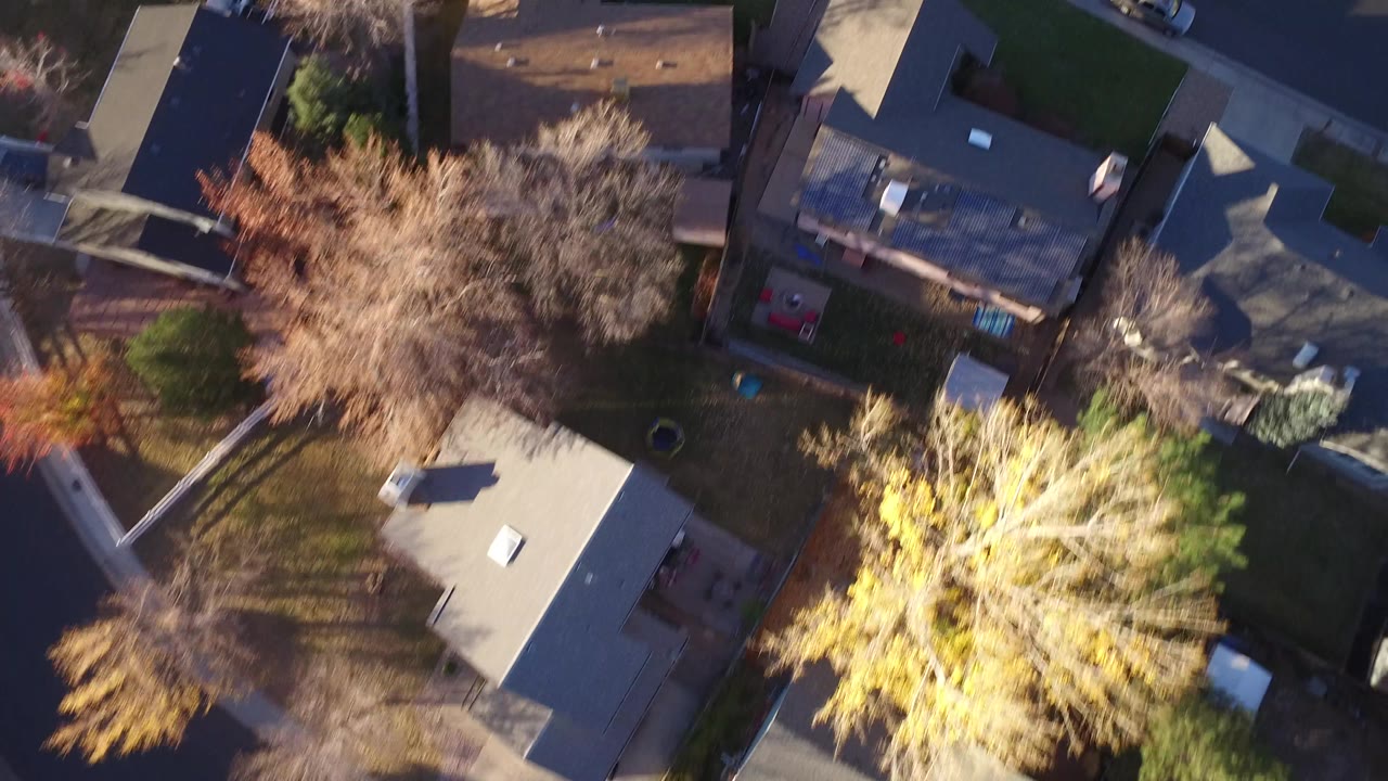 Overhead Westminster, Colorado view with houses, lawns, backyard fences, long tree shadows, and no visible people as the view shifts across the block.