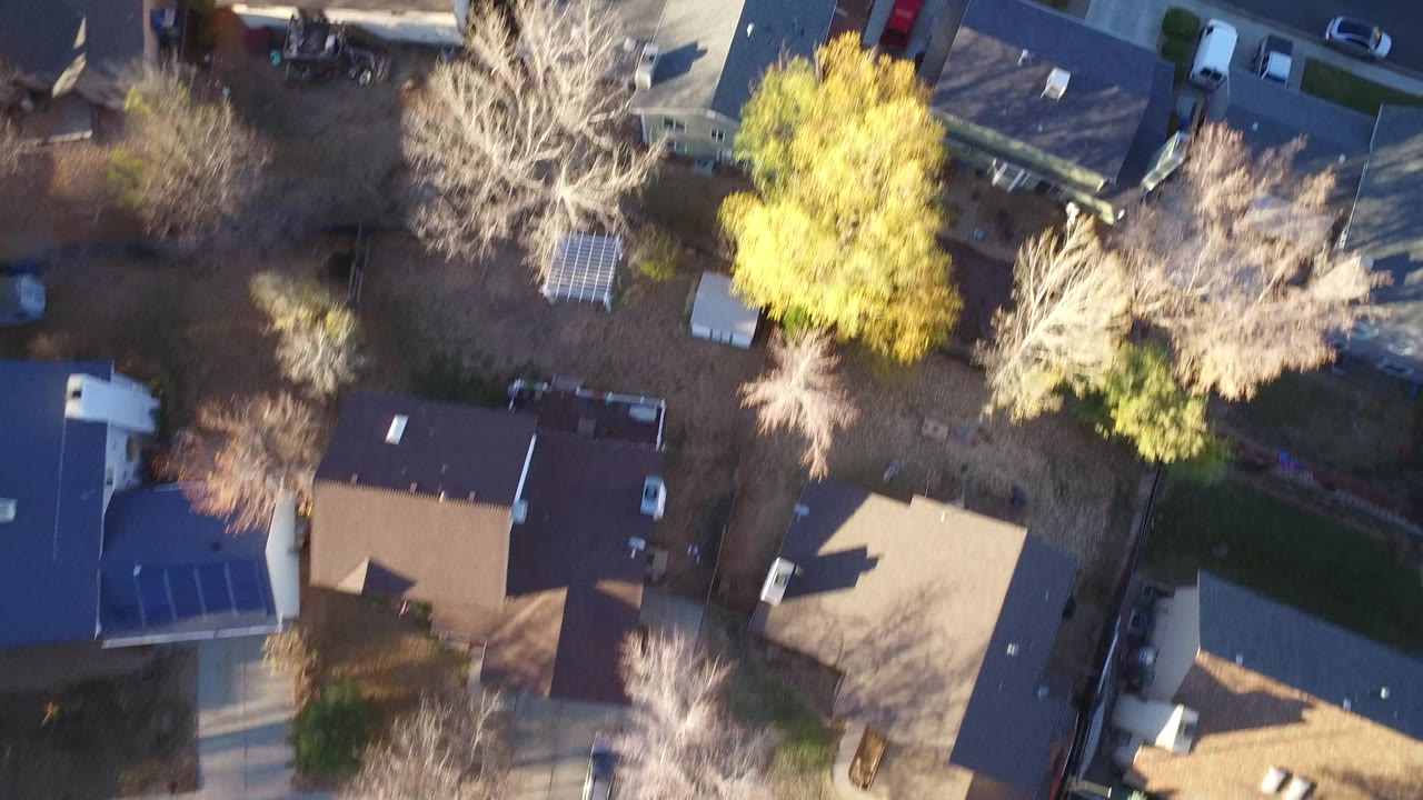 Aerial frame over Westminster, Colorado showing suburban roofs, fenced yards, leafless trees, and a quiet road, with no visible people.