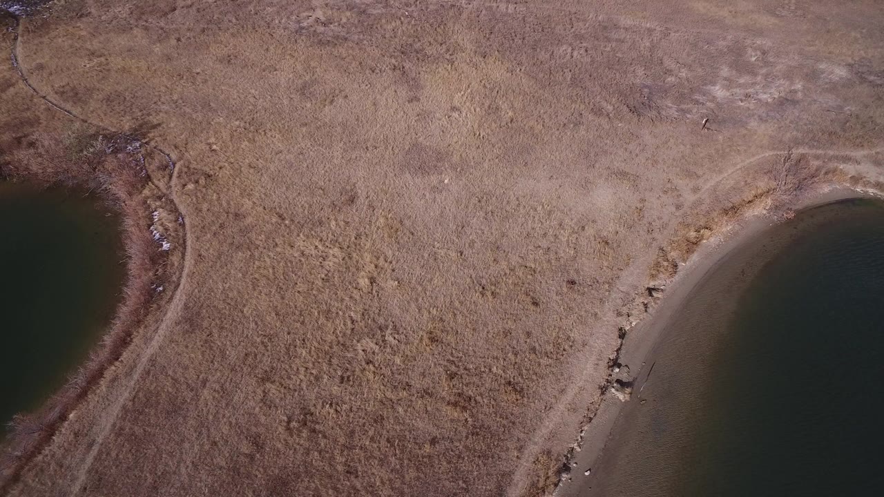 Overhead view of dark water beside dry grassland shoreline.
