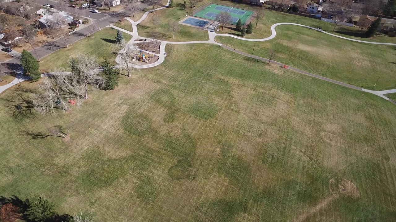 Aerial view of open grass, curving paths, tennis courts, and nearby homes.