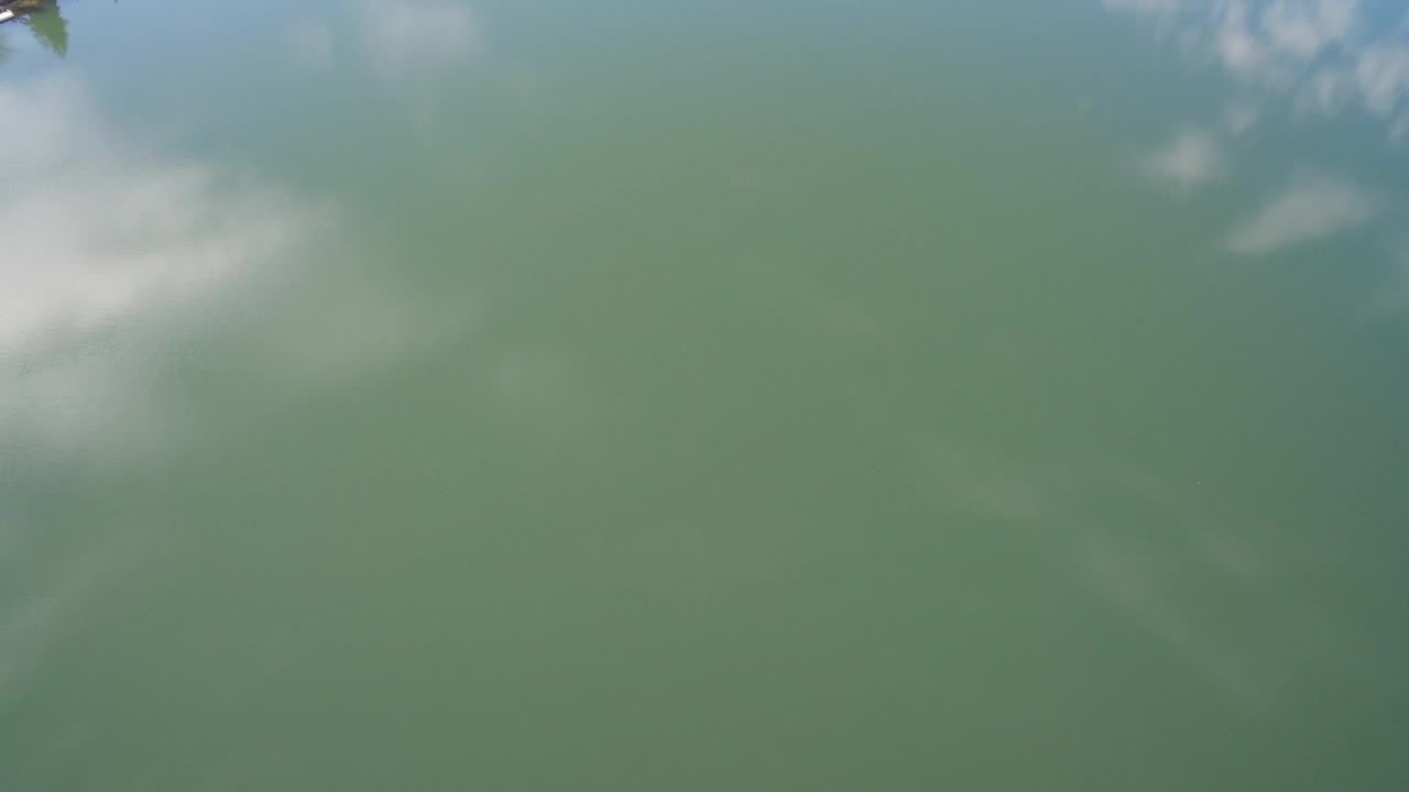 Muted green water with reflected clouds.