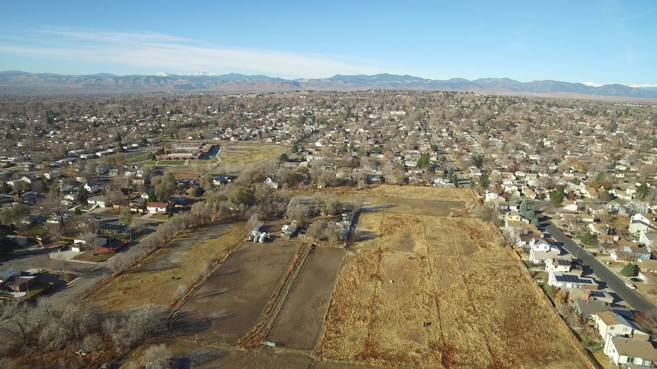 Aerial view of yellow fields beside suburban houses and distant mountains.