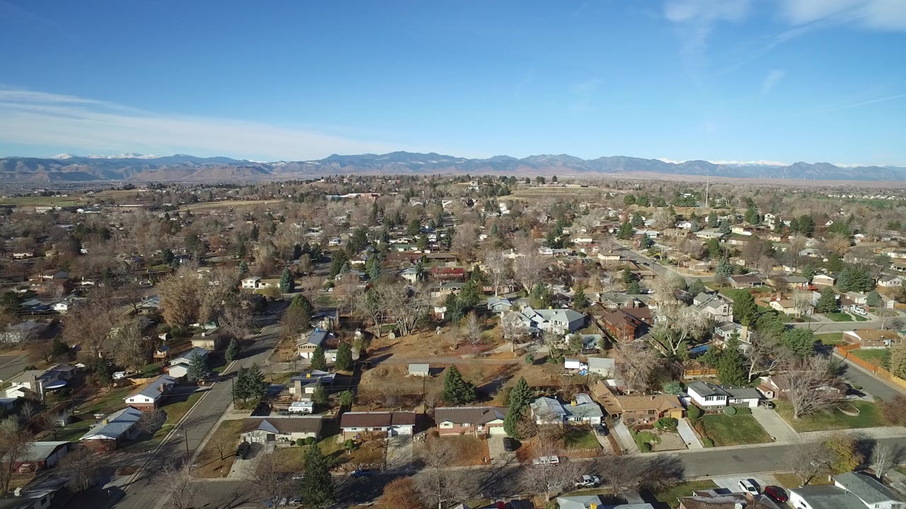 Aerial view of suburban houses, trees, streets, and distant mountains under blue sky.