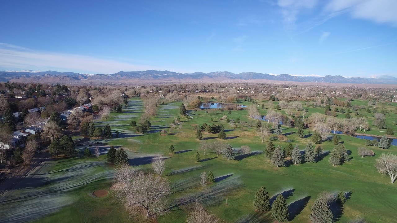 Aerial view over green lawns, trees, ponds, homes, and distant mountains.