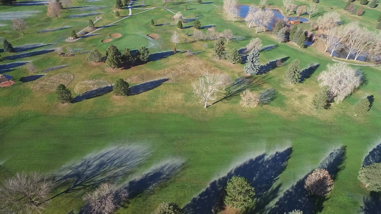 Aerial view of green turf with trees, paths, ponds, and long shadows.